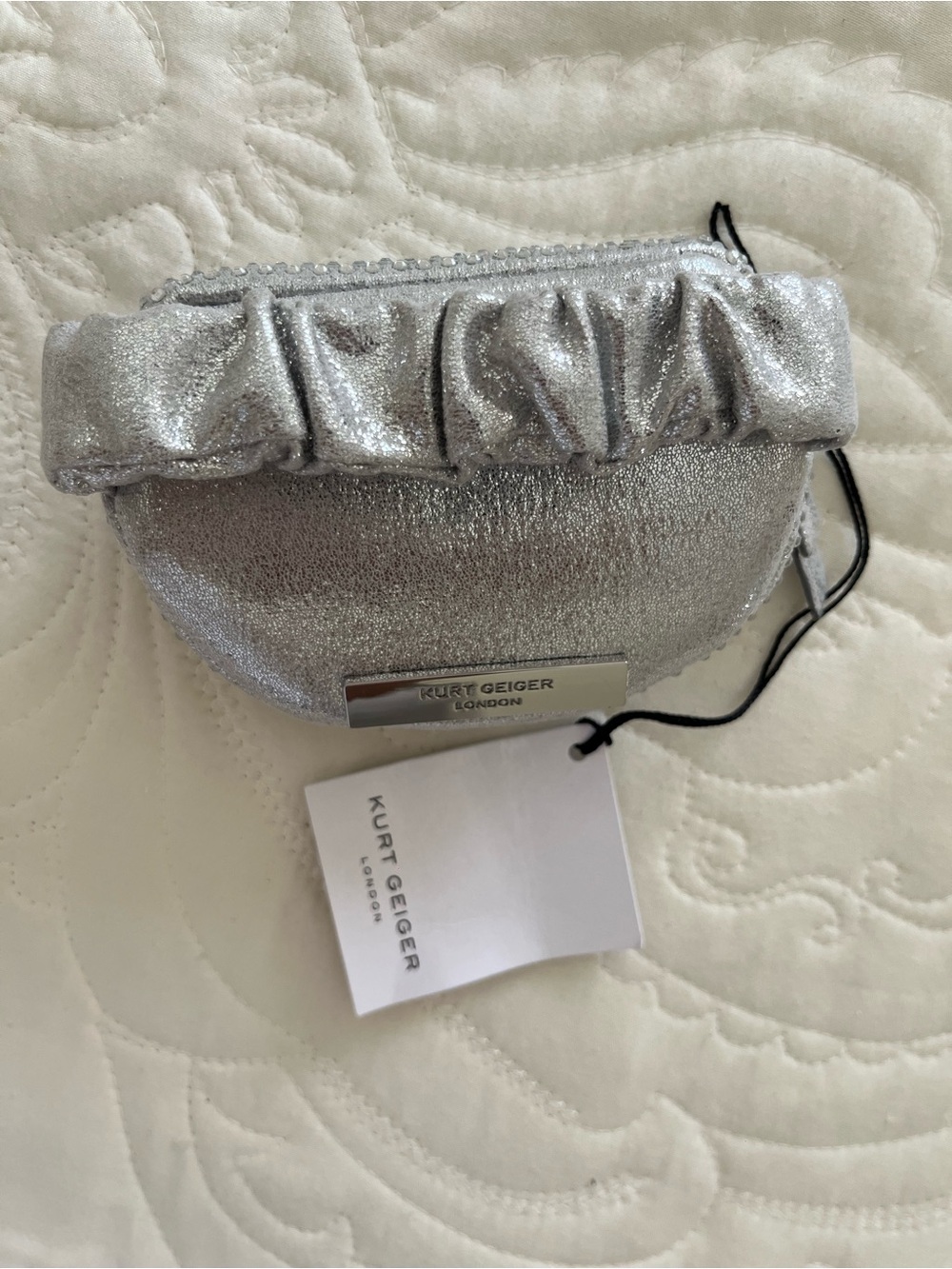 Kurt Geiger Silver Crystal Mini Coin Pouch Kensington Pebbled Faux Leather Wrist - Picture 4 of 7